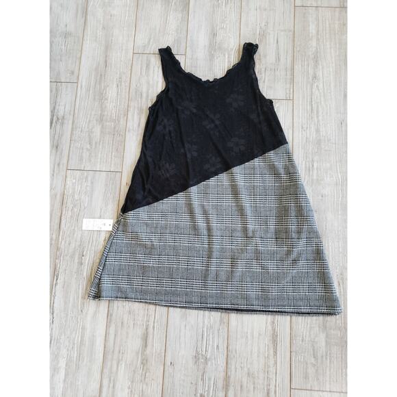 Noblu Black Plaid Dress Cotton & Spandex Sleeveles Size M Floral Lace - Picture 3 of 6